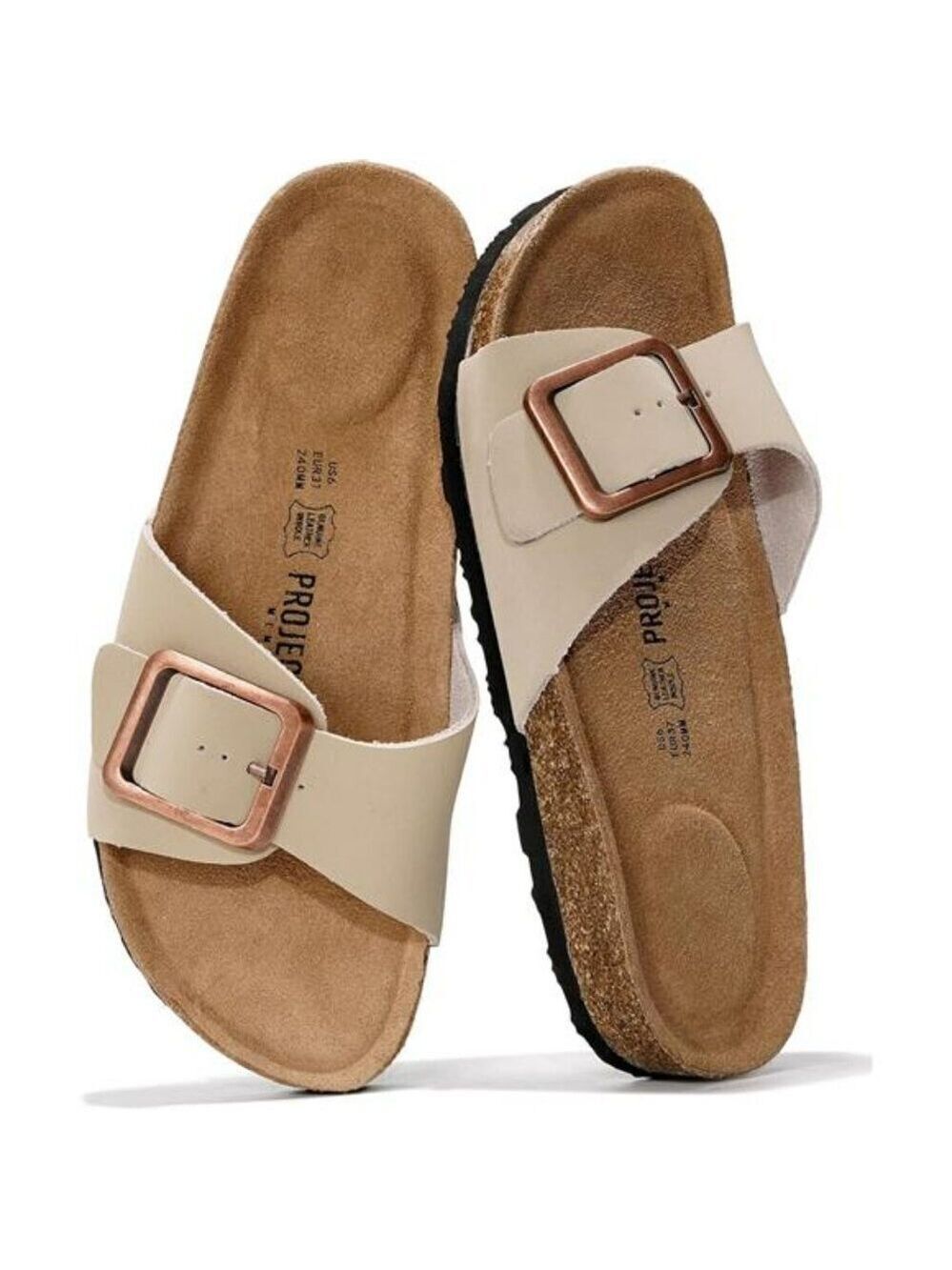 Womens Leather Sandals Suede Insole Cork Footbed Slides Summer Flip Flops